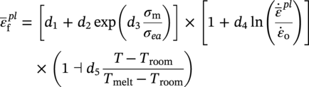 epsilon overbar Subscript normal f Superscript italic p l Baseline equals left-bracket d 1 plus d 2 exp left-parenthesis d 3 StartFraction sigma Subscript normal m Baseline Over sigma Subscript italic e a Baseline EndFraction right-parenthesis right-bracket times left-bracket 1 plus d 4 ln left-parenthesis StartFraction ModifyingAbove Above epsilon overbar With Ì‡ Superscript italic p l Baseline Over ModifyingAbove epsilon With Ì‡ Subscript normal o Baseline EndFraction right-parenthesis right-bracket times left-parenthesis 1 left-tack d 5 StartFraction upper T minus upper T Subscript room Baseline Over upper T Subscript melt Baseline minus upper T Subscript room Baseline EndFraction right-parenthesis