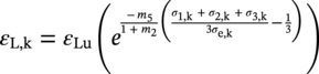 epsilon Subscript normal upper L comma normal k Baseline equals epsilon Subscript upper L u Baseline left-parenthesis e Superscript StartFraction minus m 5 Over 1 plus m 2 EndFraction left-parenthesis StartFraction sigma Super Subscript 1 comma normal k Superscript plus sigma Super Subscript 2 comma normal k Superscript plus sigma Super Subscript 3 comma normal k Superscript Over 3 sigma Super Subscript normal e comma normal k Superscript EndFraction minus one third right-parenthesis Baseline right-parenthesis