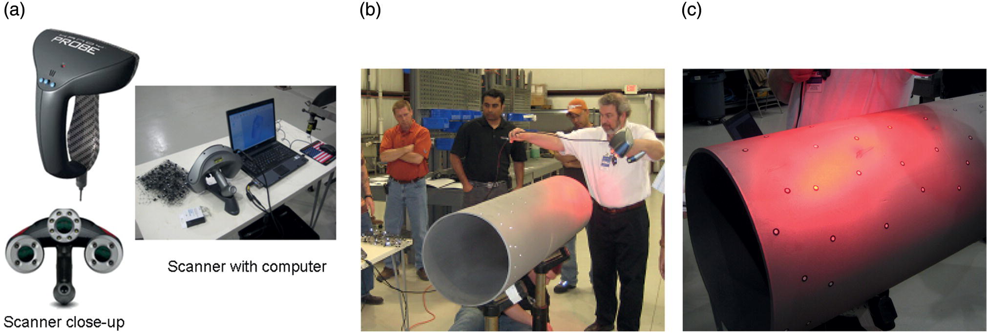 Three images showing an overview of the Laser Scan system hardware. A. Scanner with a computer. B. Scanning a 16-inch OD pipe. C. Dent with positioning targets.