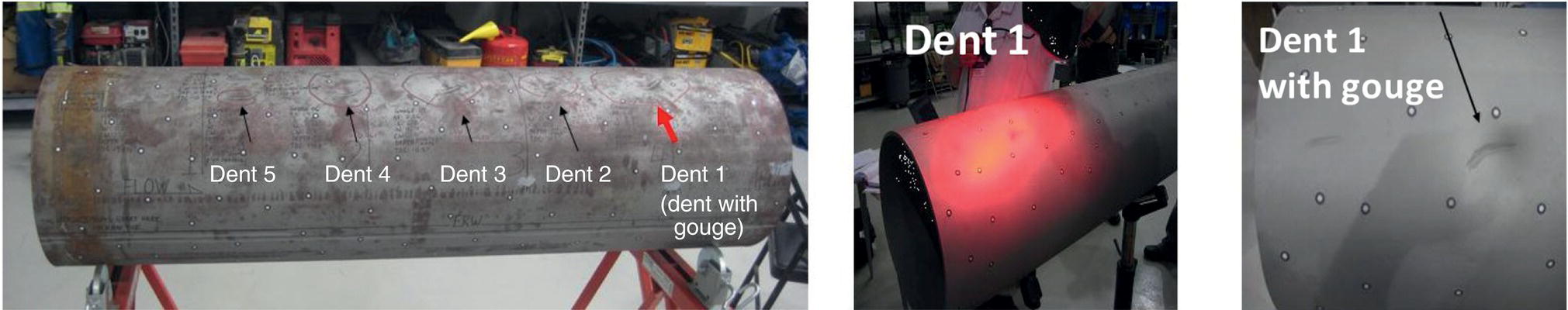 An image showing five dents on a pipe, with dent 1 associated with a gouge. Small dots on the pipe surface serve as positioning targets.