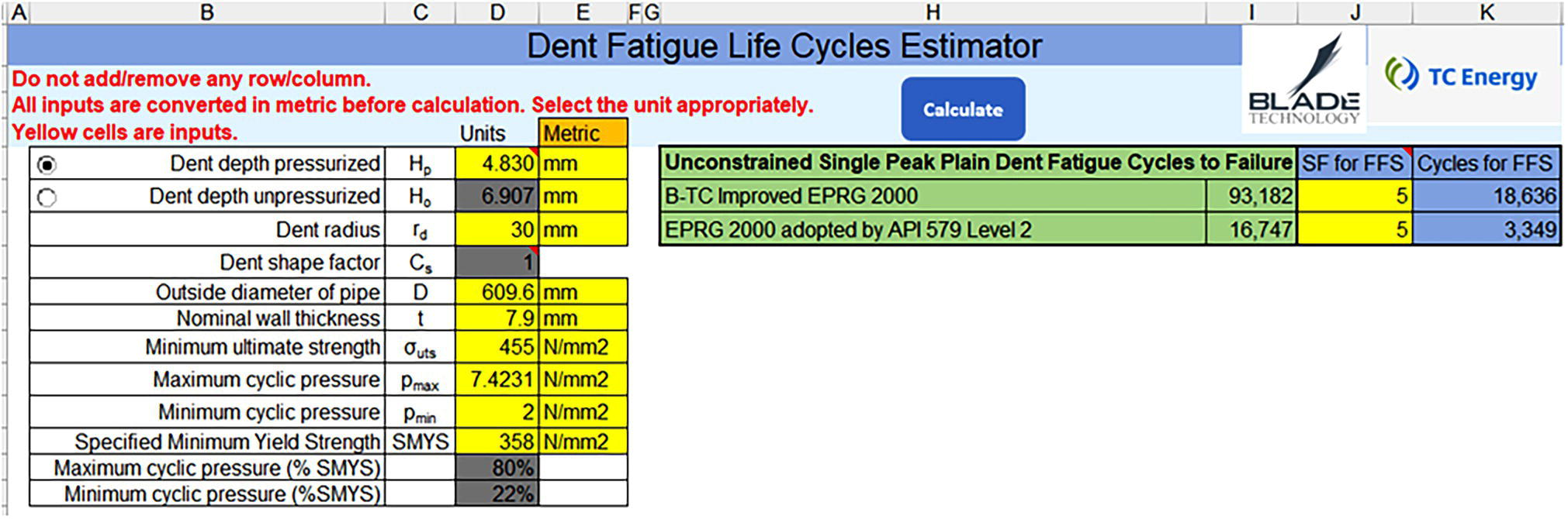 A screenshot of EXCEL-based software displaying seven input fields for calculation and two outputs for cycles to failure of an unconstrained single-peak plain dent, comparing the improved E P R G 2000 and the original E P R G 2000 models.