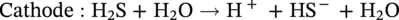 Cathode colon normal upper H 2 normal upper S plus normal upper H 2 normal upper O right-arrow normal upper H Superscript plus Baseline plus upper H upper S Superscript minus Baseline plus normal upper H 2 normal upper O