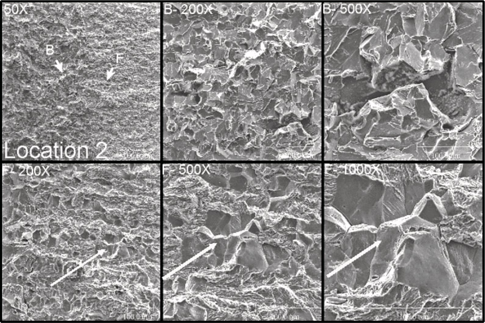 A grid of images showing ethanol S C C of steel. Arrows highlight intergranular fracture in Area F, while Area B shows overload fracture, primarily quasi-cleavage, occurring after S C C created a critical defect.