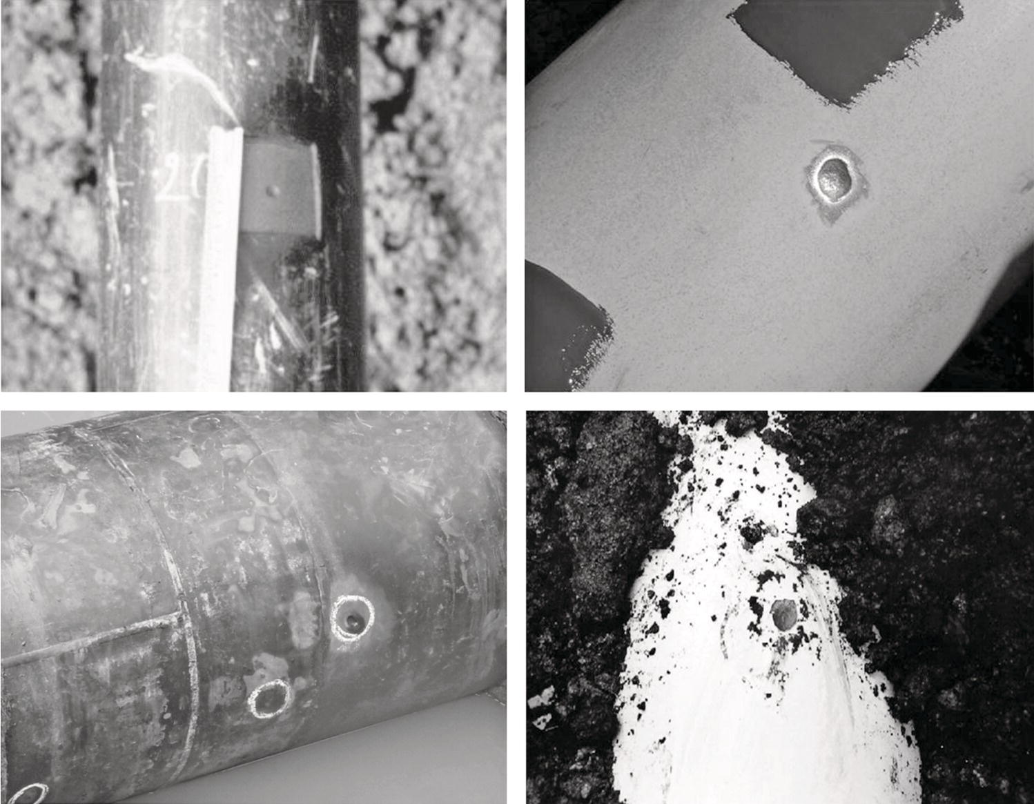 Four examples of A C corrosion developing from small coating defects on a pipeline. Corrosion on cathodically protected pipelines, with guidelines for risk assessment and mitigation.