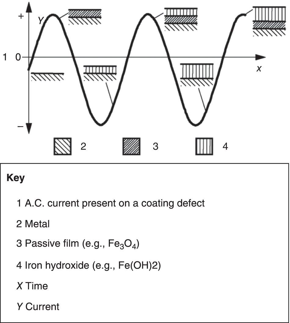 A schematic illustrating the A C corrosion process, showing interactions between alternating current, metal surface, electrolyte, and electrochemical reactions leading to material degradation.