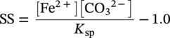 upper S upper S equals StartFraction left-bracket upper F e Superscript 2 plus Baseline right-bracket left-bracket upper C upper O 3 Superscript 2 minus Baseline right-bracket Over upper K Subscript s p Baseline EndFraction minus 1.0