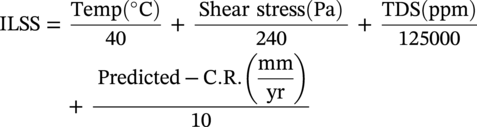StartLayout 1st Row ILSS equals StartFraction Temp left-parenthesis degree normal upper C right-parenthesis Over 40 EndFraction plus StartFraction Shear stress left-parenthesis upper P a right-parenthesis Over 240 EndFraction plus StartFraction upper T upper D upper S left-parenthesis p p m right-parenthesis Over 125000 EndFraction 2nd Row plus StartStartFraction Predicted negative normal upper C period normal upper R period left-parenthesis StartFraction m m Over y r EndFraction right-parenthesis OverOver 10 EndEndFraction EndLayout