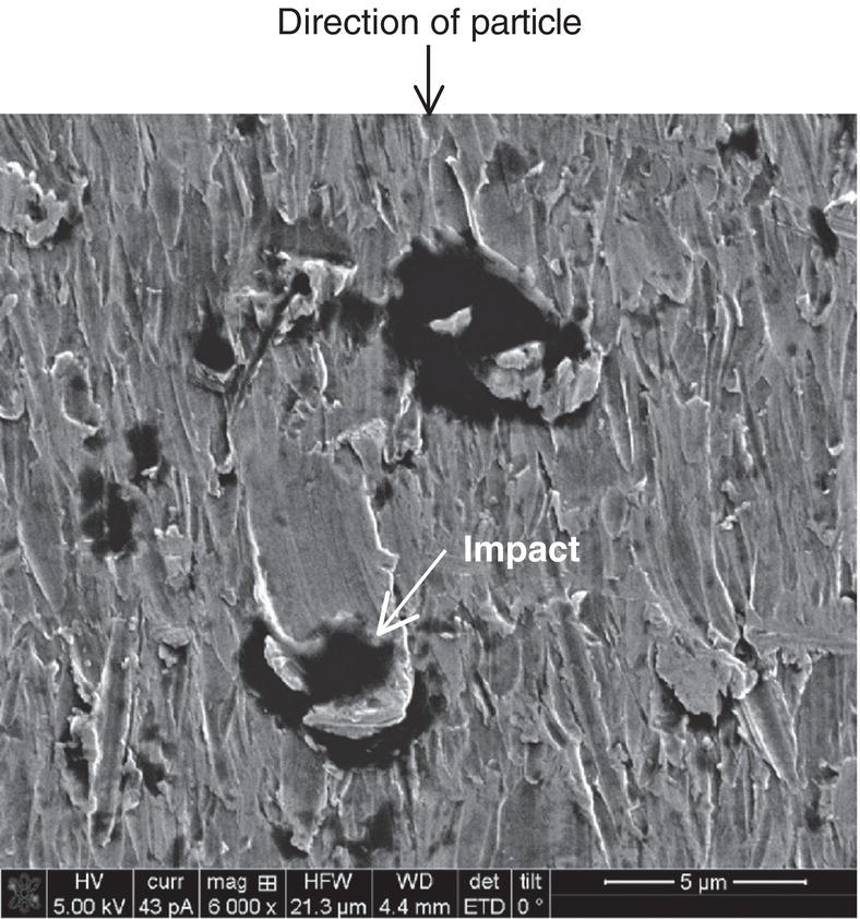 An SEM image showing a textured surface with marked areas indicating particle impact and directional flow. The scale bar at the bottom indicates a measurement of 5 micrometers.