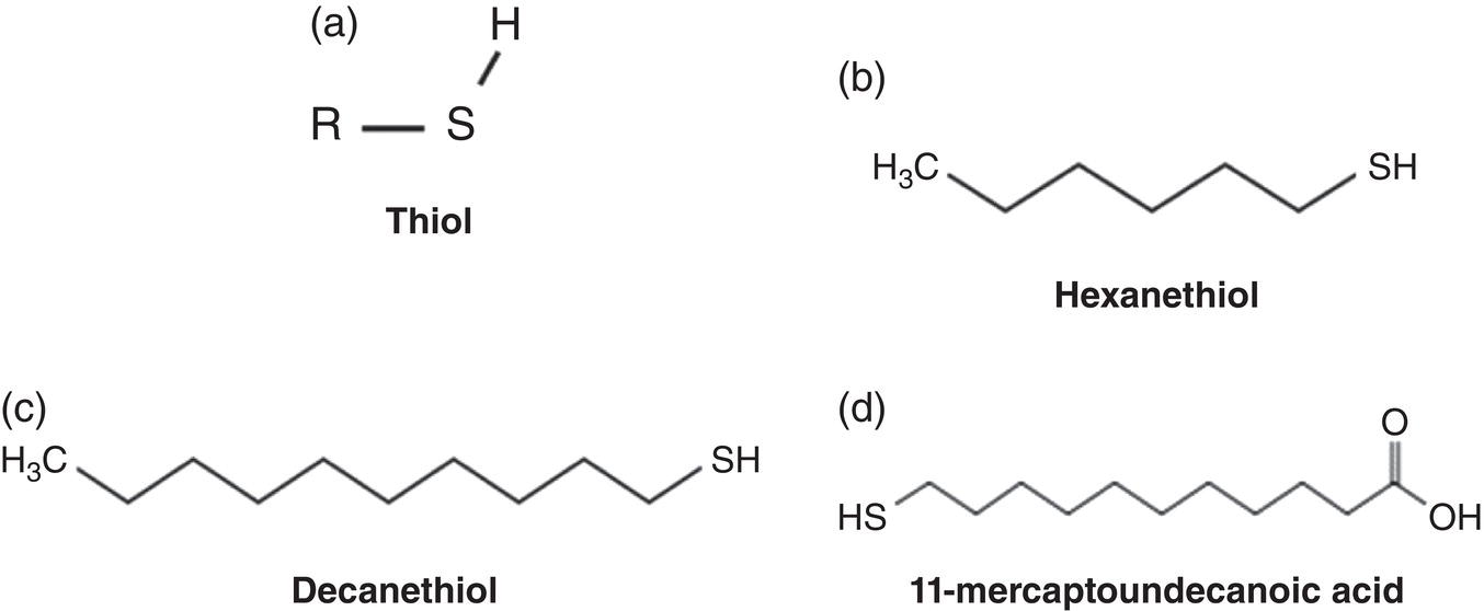 Four chemical structures including (a) a general thiol structure, (b) hexanethiol, (c) decanethiol, and (d) 11-mercaptoundecanoic acid. Each structure features a sulfur-hydrogen (-SH) functional group attached to different carbon chains.
