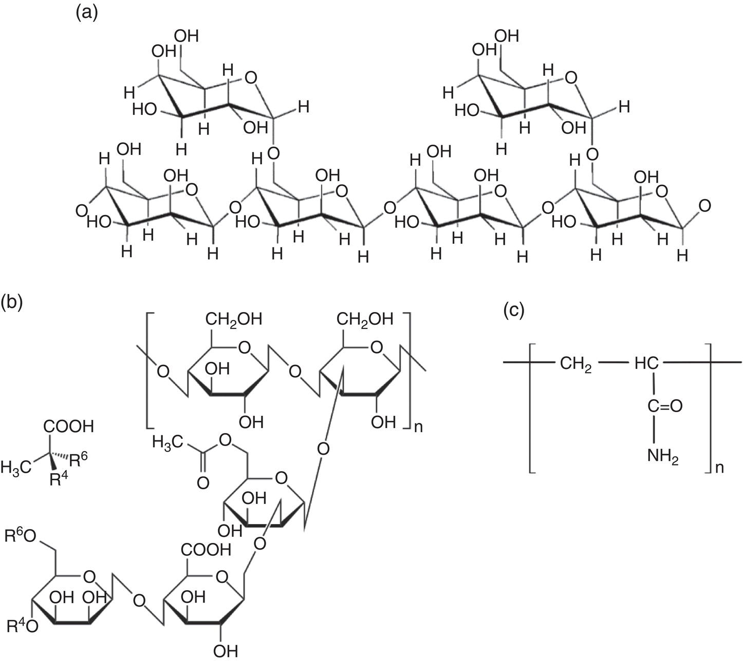 Three chemical structures illustrating complex carbohydrate molecules. (a) shows a polysaccharide chain, (b) depicts a modified polysaccharide with functional groups, and (c) highlights a structural representation of an amino compound.