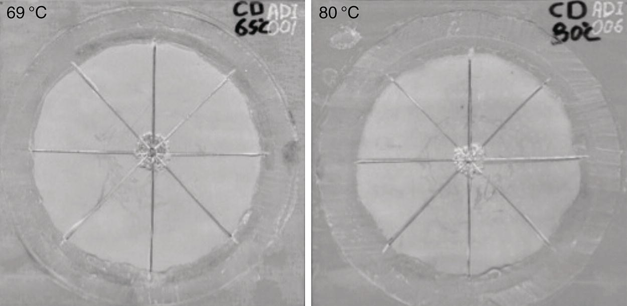 A side-by-side microscopic images of a sample at 69 and 80 degrees celsius. Both show a central feature with radial lines, indicating changes in structure at different temperatures.