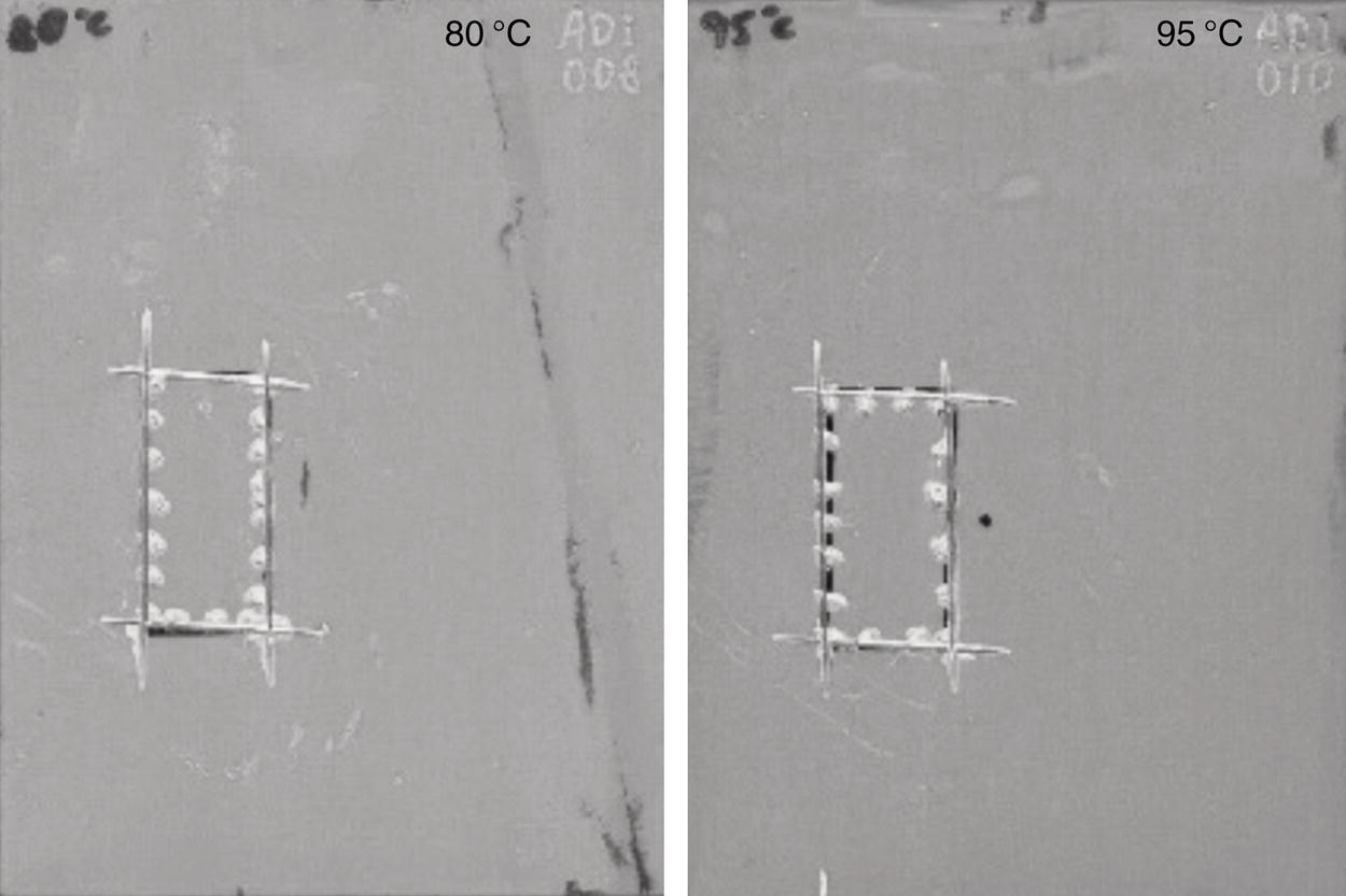 Two microscopic images comparing a sample at 80°C (left) and 95°C (right). Both images show a rectangular pattern with varying structures, indicating temperature effects on material properties.