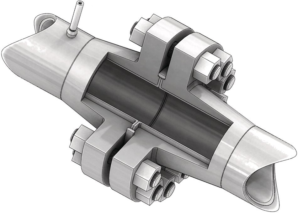A diagram of a cross-section of a composite pipe connector showcasing internal and external features. The illustration highlights bolts and connectors used for secure fastening.
