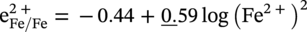 normal e Subscript upper F e slash upper F e Superscript 2 plus Baseline equals negative 0.44 plus ModifyingBelow 0 period With bar 59 log left-parenthesis upper F e Superscript 2 plus Baseline right-parenthesis squared