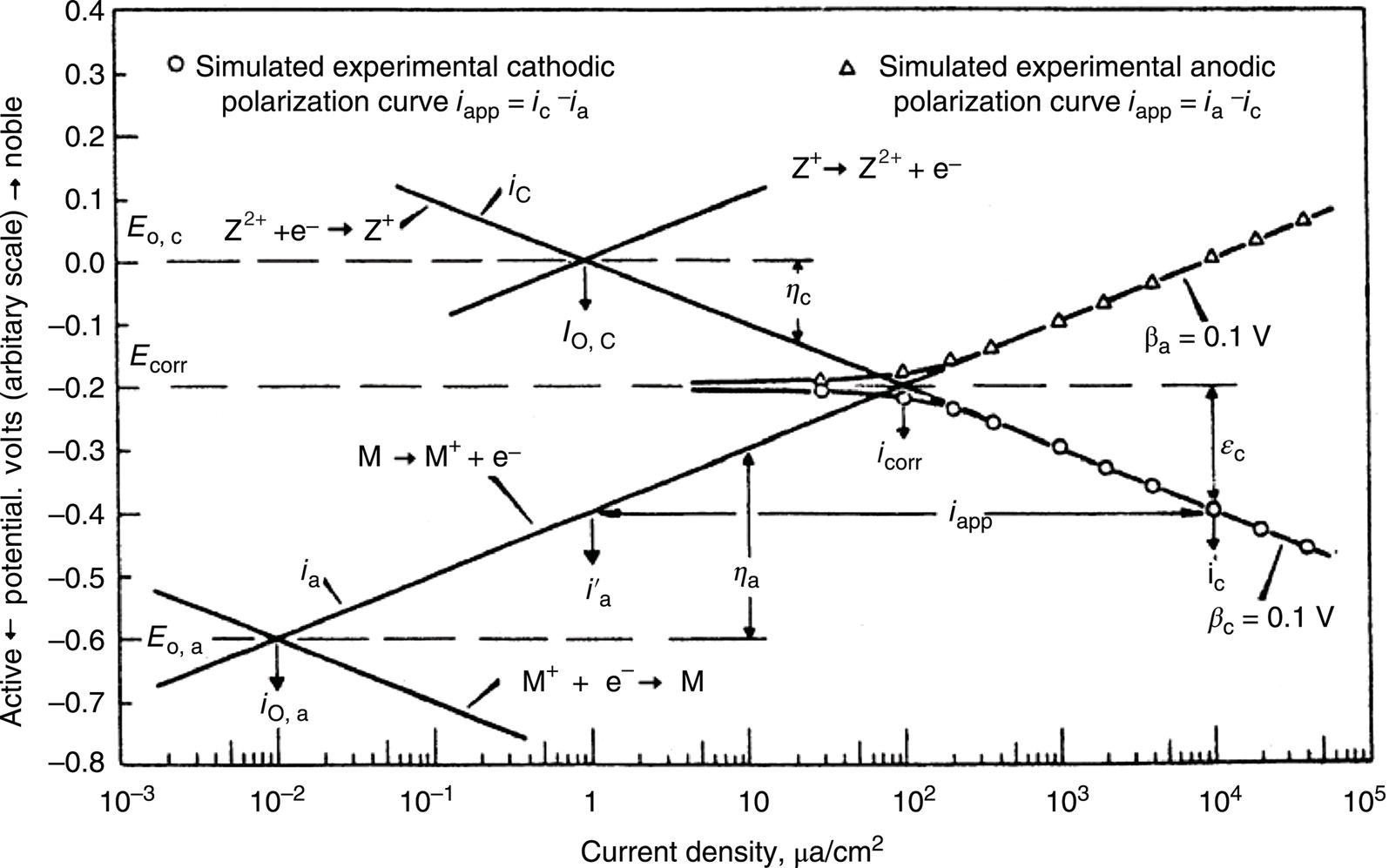 A graph showing simulated experimental polarization curves for cathodic and anodic reactions. It plots current density against potential, indicating key electrochemical processes and critical points.