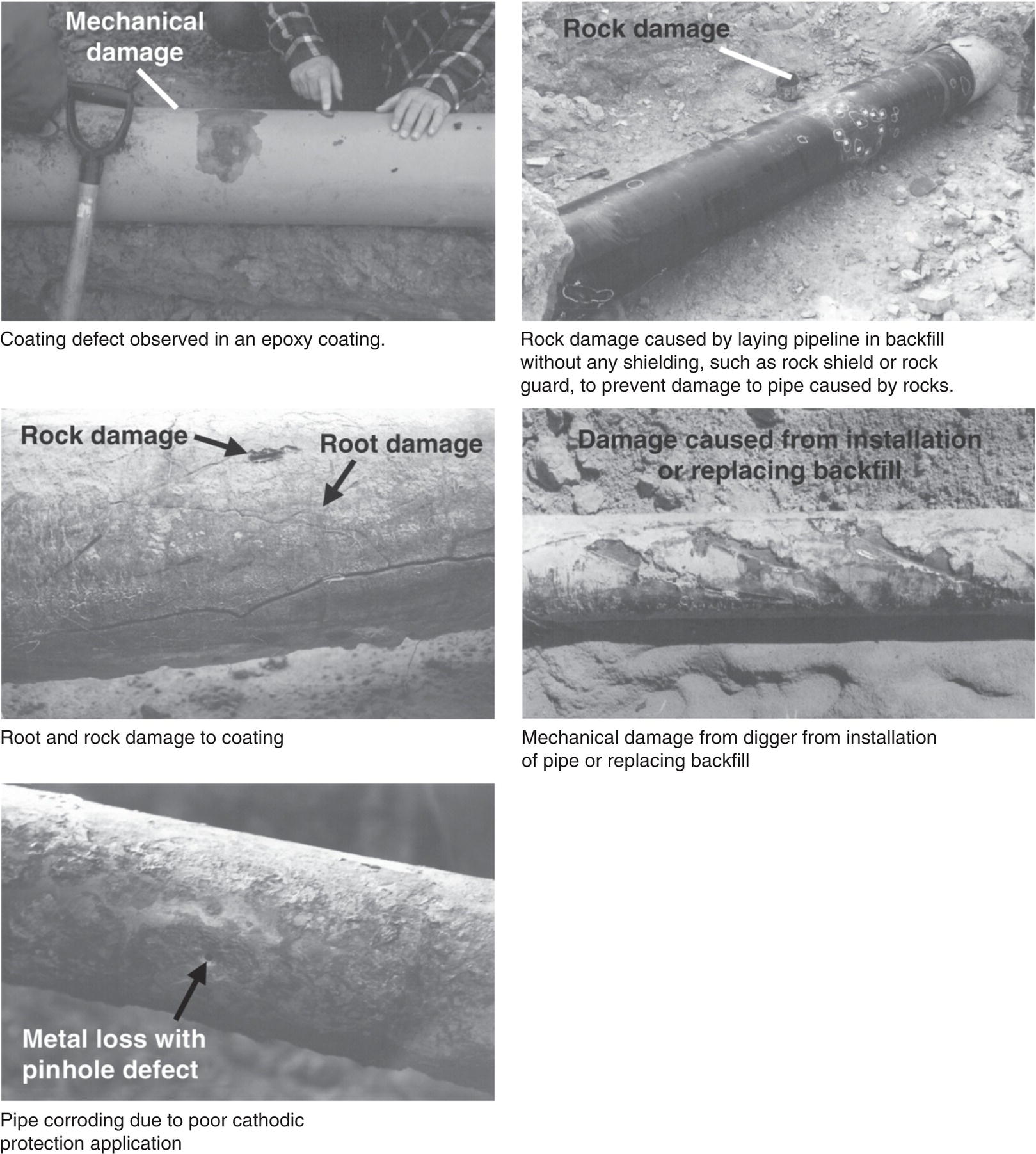 Five images depict various types of pipe damage, including mechanical, rock, and root damage observed in coatings. They illustrate defects caused by environmental factors and installation practices.
