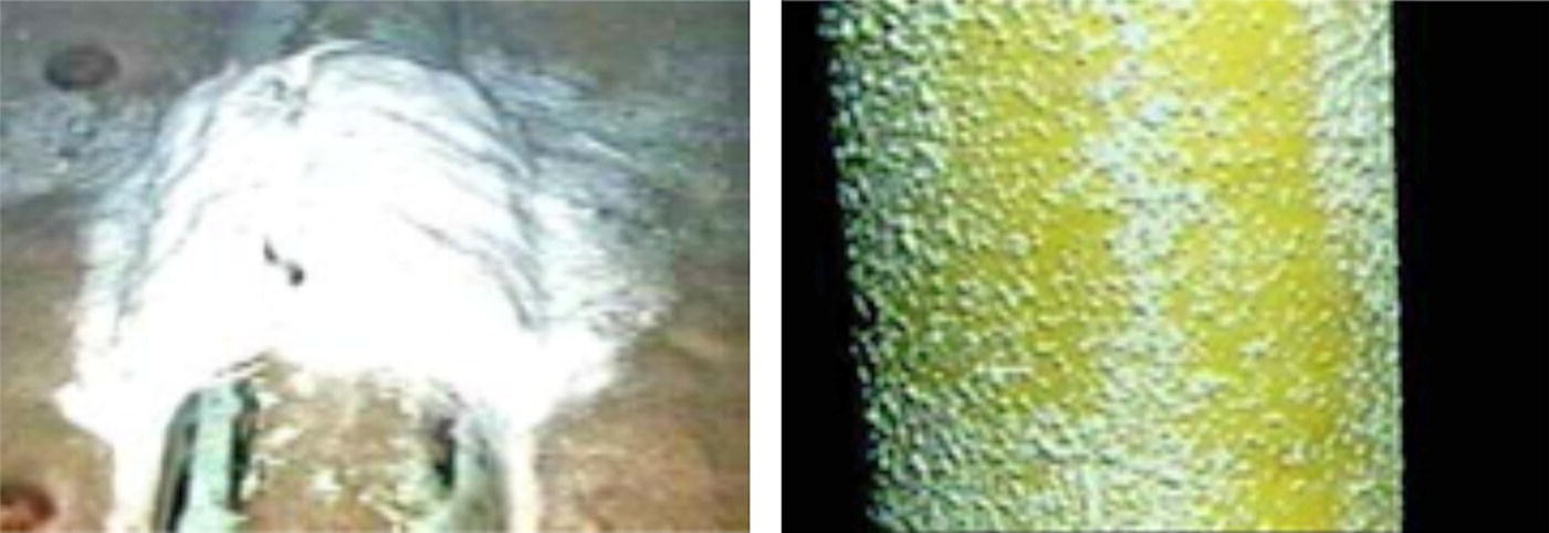 Two panels. Left image shows a close-up of fluid flow with turbulent patterns. Right image displays a textured surface close-up, possibly of a pipe or tubing, emphasizing surface characteristics.