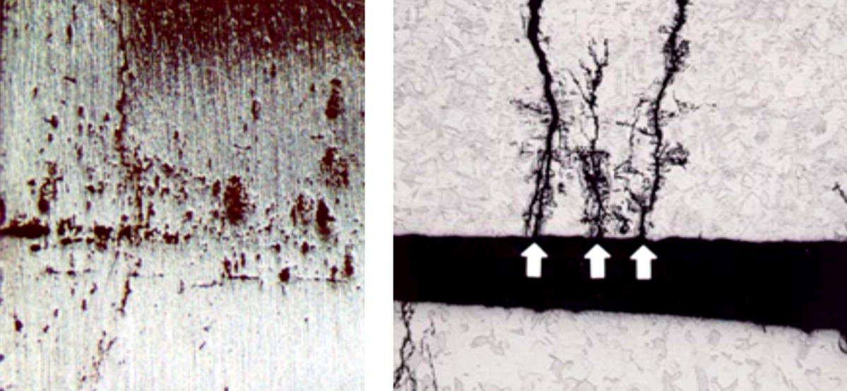 Two images showing metal surfaces affected by corrosion. The left displays pitting corrosion, while the right illustrates stress corrosion cracking with highlighted areas.