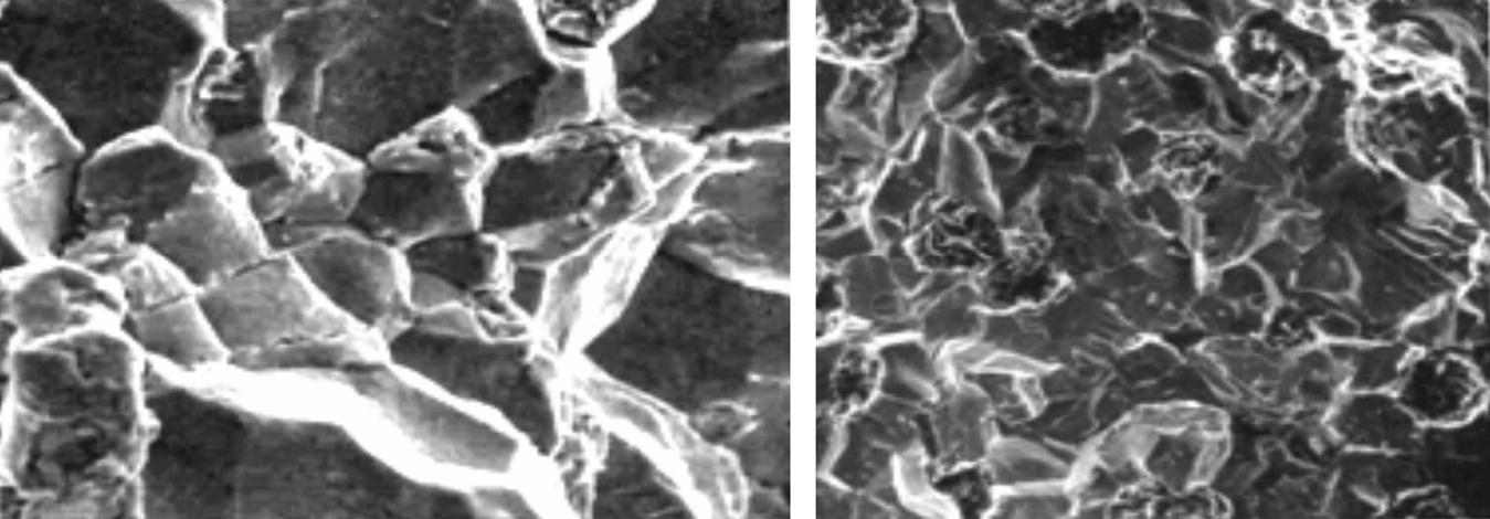 Two microscopic photographs of corroded metal surfaces. The left shows a cracked, rough texture, while the right exhibits clustered irregular formations.