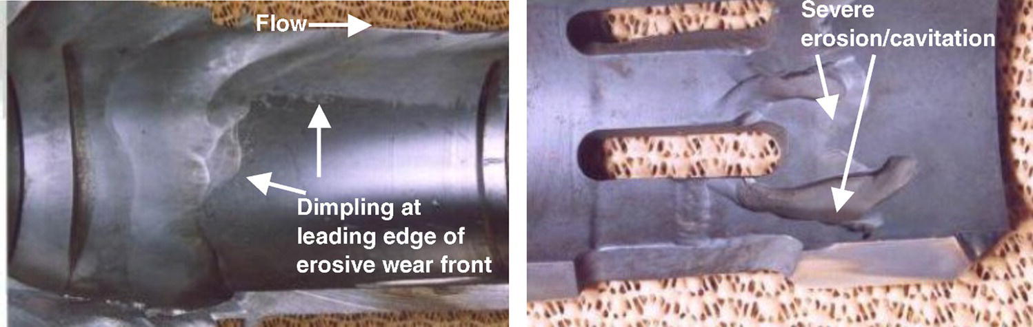 Two photographs of a metal component showing wear damage. The left highlights dimpling along the erosive wear front, while the right displays severe erosion and cavitation.