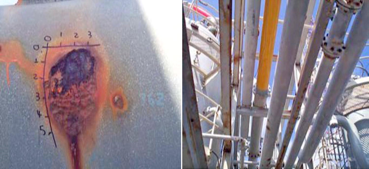 Two panels. Left image shows a corroded metal surface with a marked ruler for scale. Right image captures a network of overhead pipes, highlighting their structural arrangement and potential wear.
