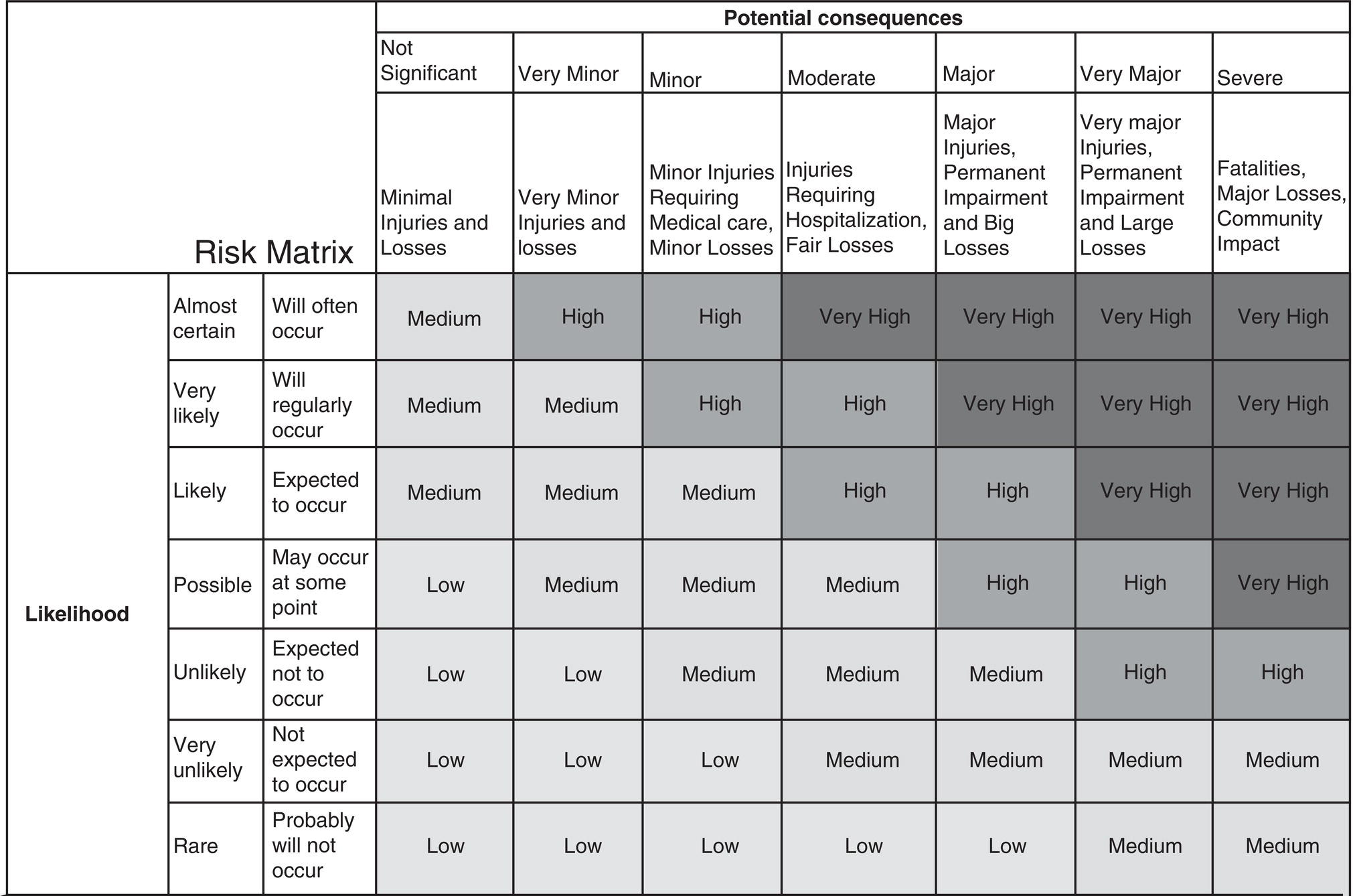 A matrix assessing likelihood and potential consequences of incidents. It categorizes risks from "not significant" to "severe," highlighting various injury levels and their associated likelihood.