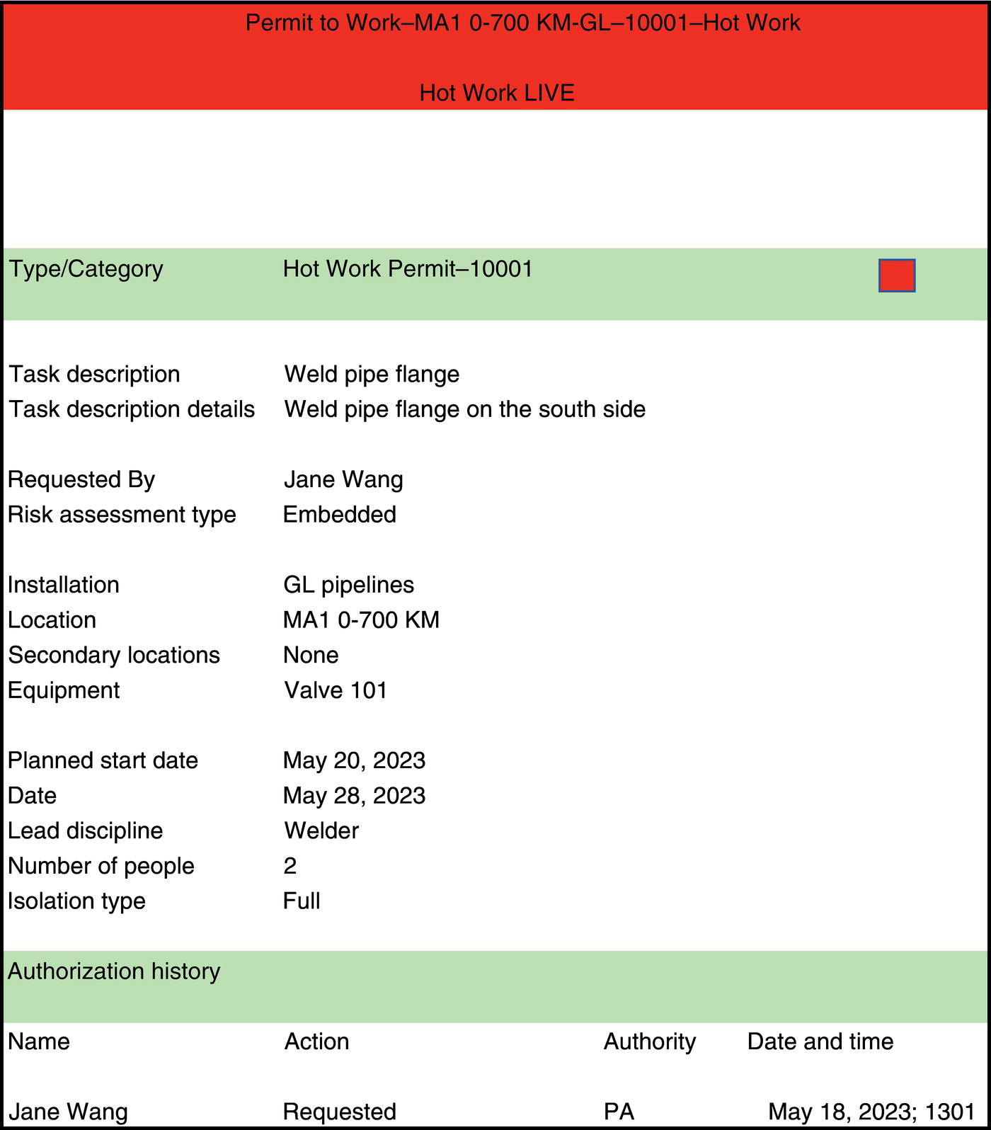A hot work permit for welding a pipe flange at MA1 0-700 KM, requested by Jane Wang. It includes task details, risk assessment, installation, equipment (Valve 101), planned start and end dates, isolation type, and authorization history.