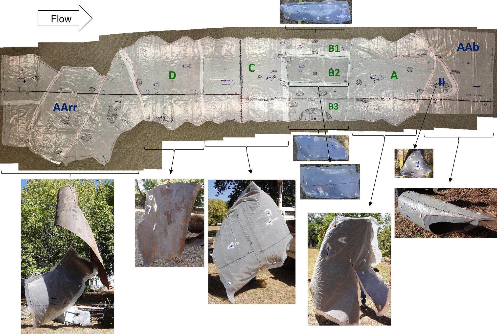 A detailed diagram of a longitudinal section of a material, labeled with letters and arrows indicating flow direction. Below, several photographs highlight different segments with visible markings and damage.