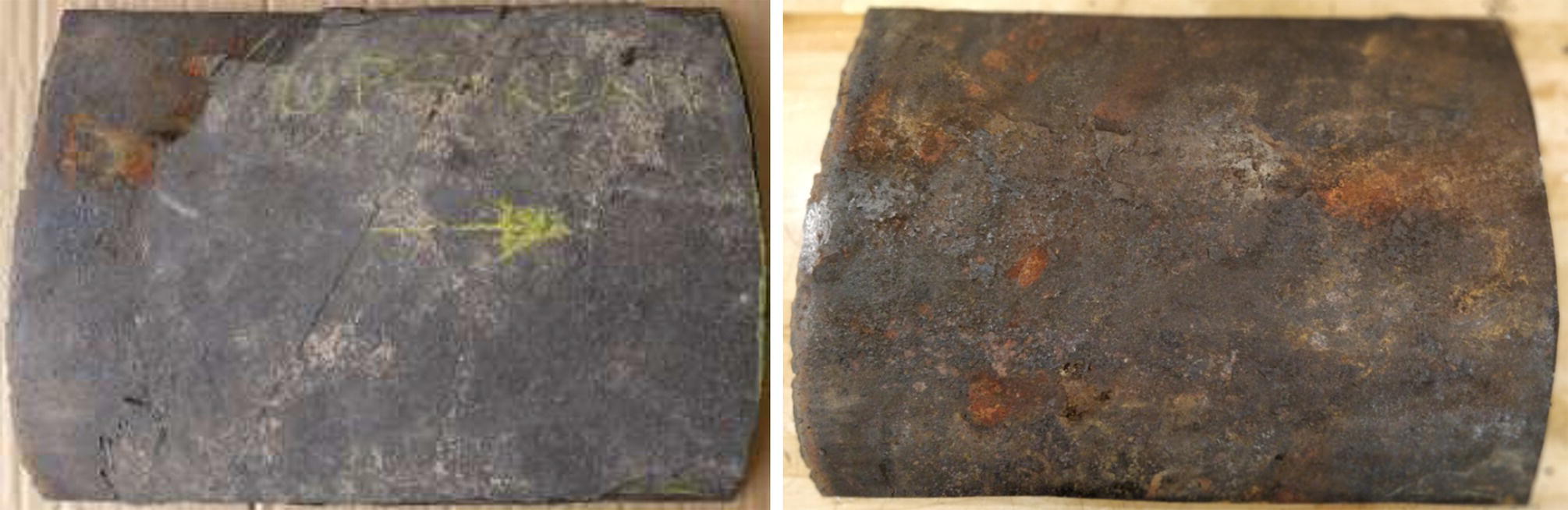 Two images of a fractured piece of material, showing different surfaces. The left image displays a flat side with scratches, while the right image shows a rounded edge with a rougher texture.