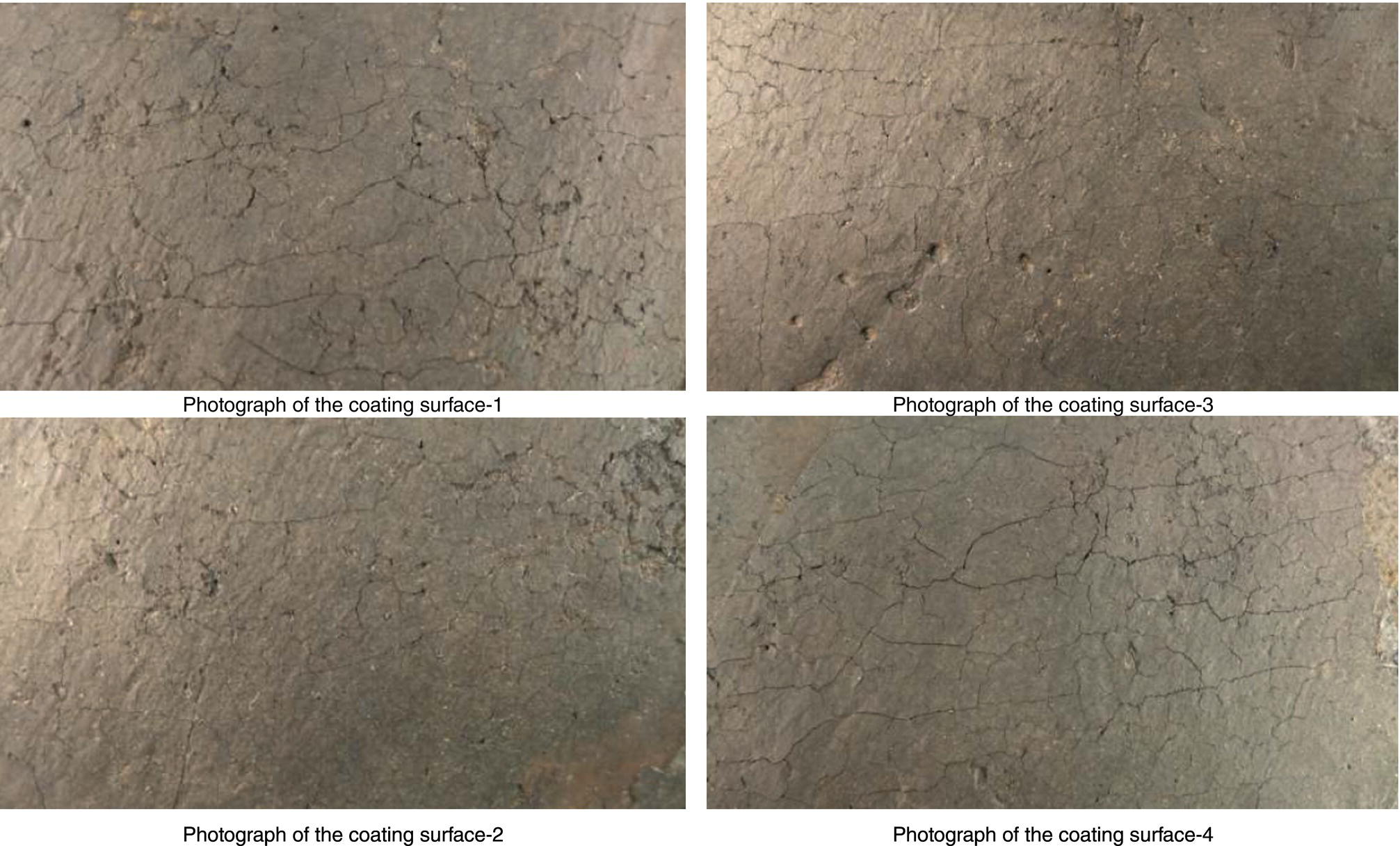 Four photographs of coating surfaces, arranged in a grid layout. Each image shows different surface textures with visible cracks and imperfections, labeled from coating surface-1 to coating surface-4.