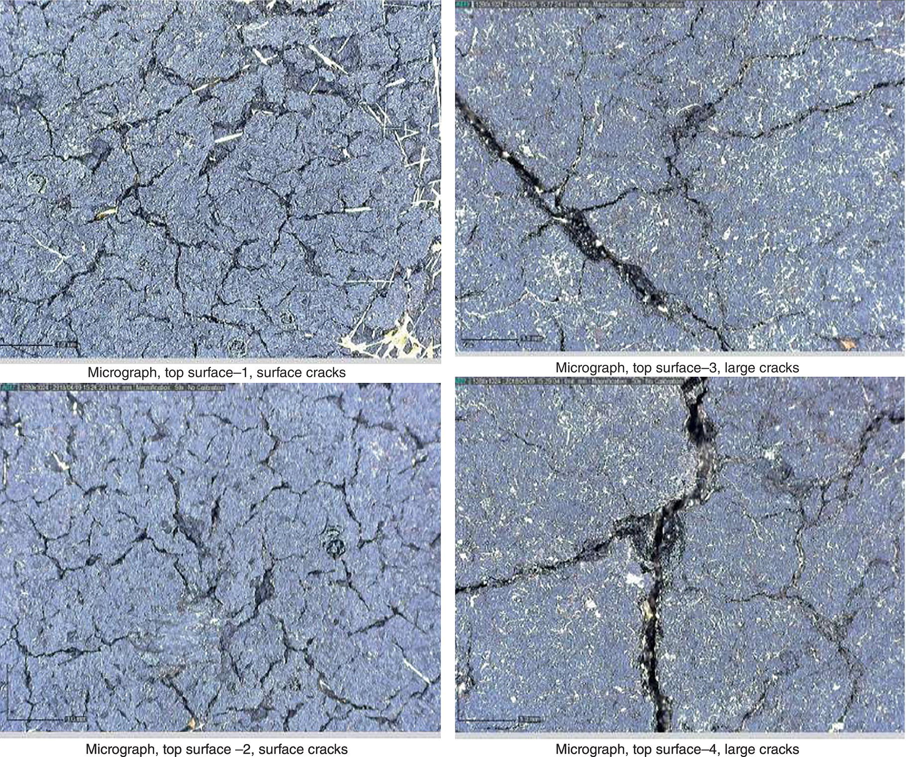 Four micrographs arranged in a grid, showing various cracked surfaces. The top images illustrate surface cracks, while the bottom images focus on larger cracks in different textures.