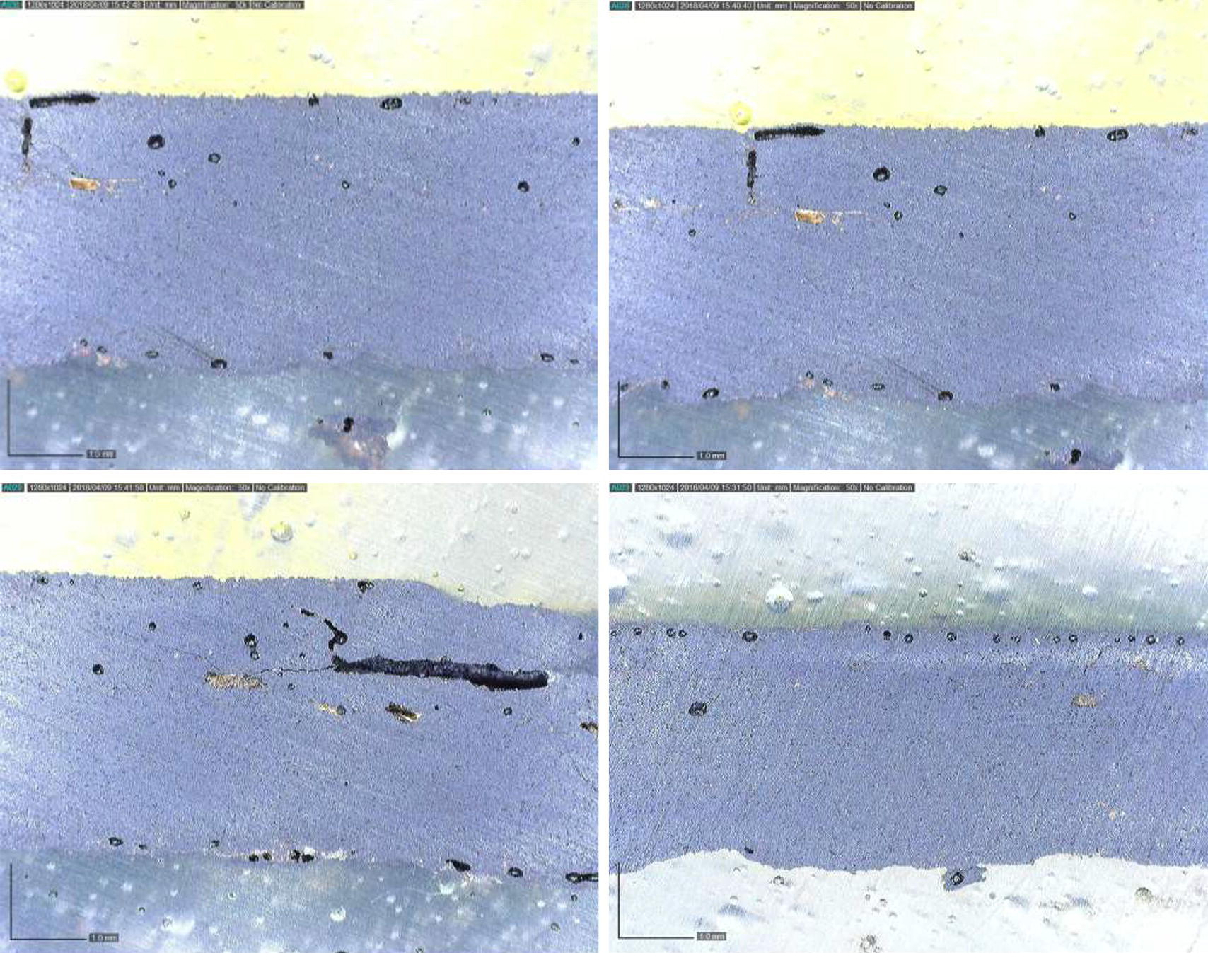 Four micrographs showcasing cross-sections of coatings, each highlighting varying levels of porosity. The images display different textures and voids within the material, set against a light background.