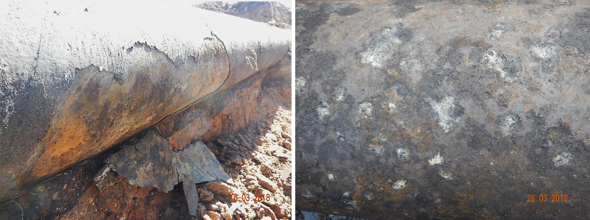 Two images of a corroded pipe, showing different surface conditions. The left depicts a section with peeling material, while the right reveals a surface with numerous small pockmarks.