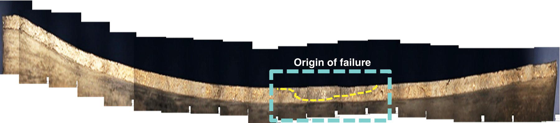 A composite of stereo images showing a curved fracture surface. The area marked origin of failure highlights the starting point of the rupture along the surface.