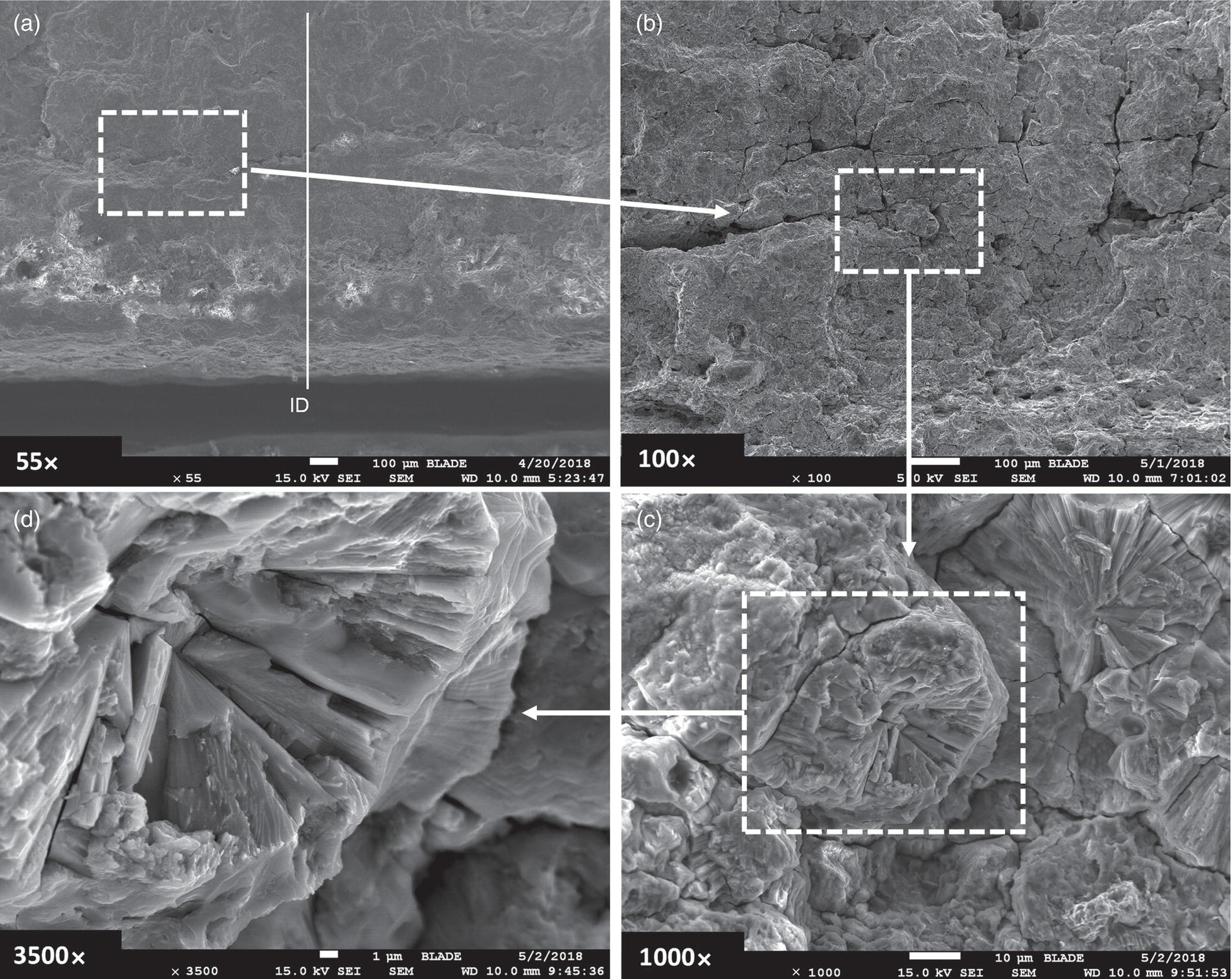 Four microscopic photographs show fracture surface morphology near a crack tip at various magnifications: (a) 55x, (b) 100x, (c) 1000x, and (d) 3500x. Each image highlights different features of the fracture surface.