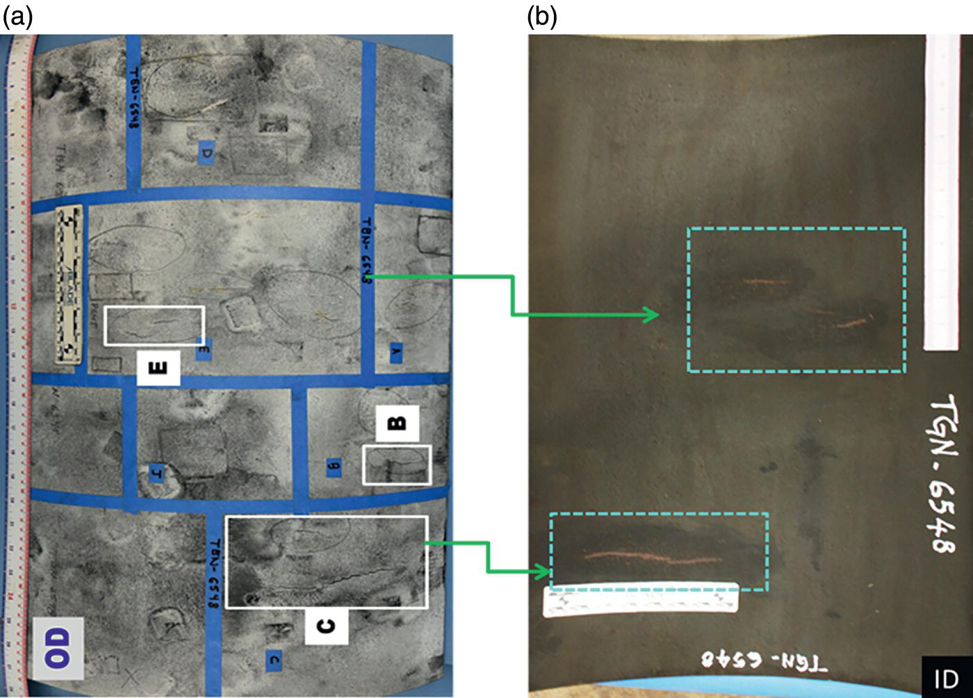 A pair of scanning electron microscope images labeled (a) and (b), with a showcasing several regions marked A, B, and C. The image b displays a larger view of the highlighted area from a with identification labels.