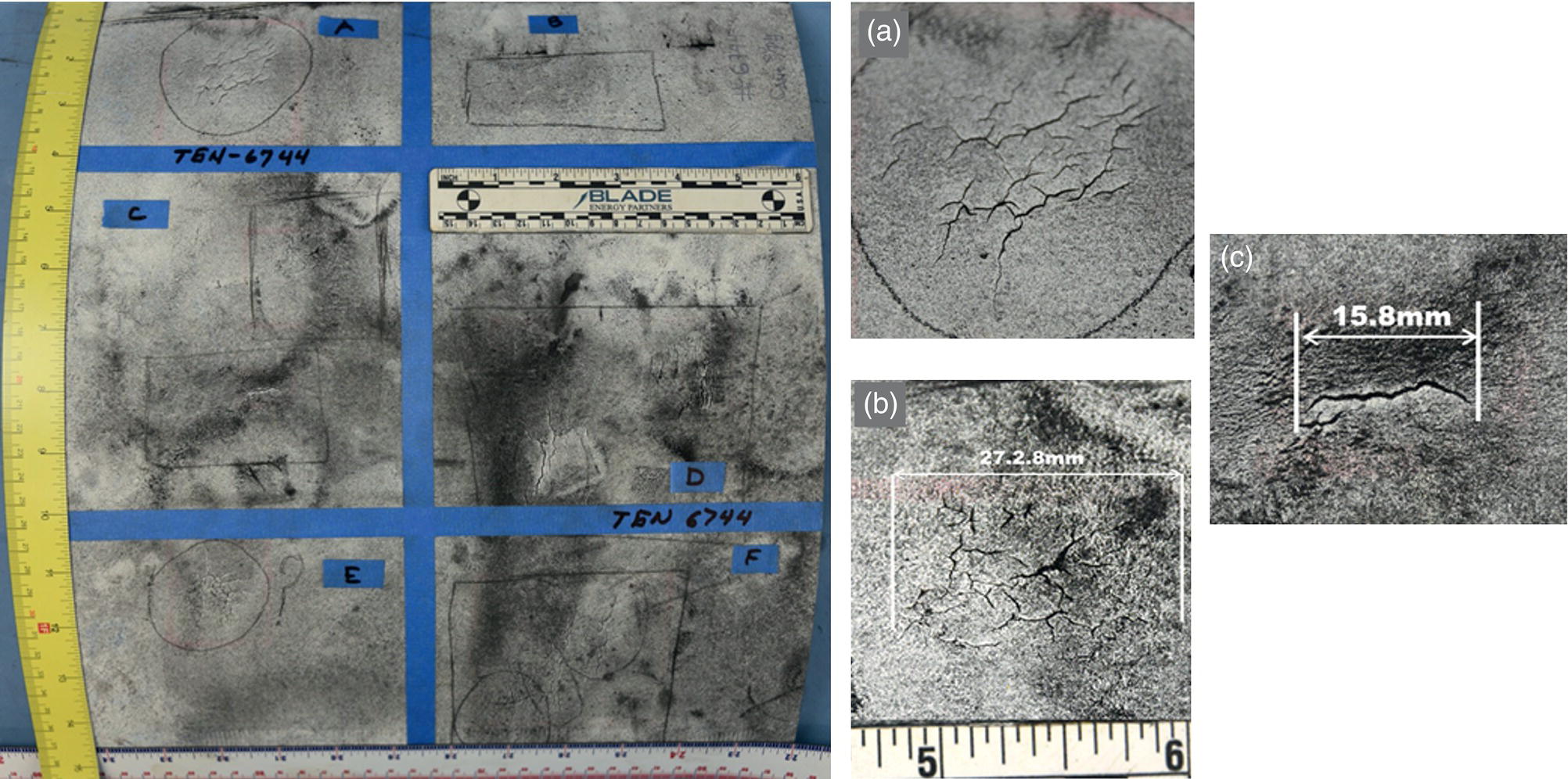A collage of scanning electron microscope images showing various circumferential and spiderweb cracks. Insets a and b provide close-up views, with c featuring a measurement of 15.8 mm across the crack.