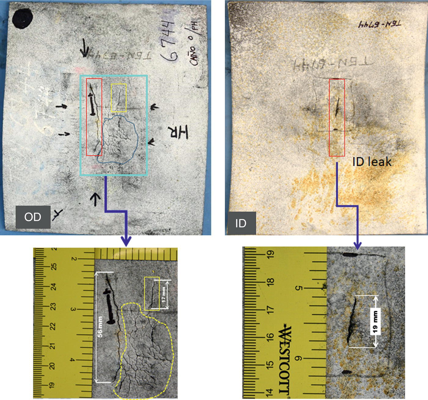 An image showing two panels labeled OD and ID, depicting spiderweb cracks with annotations. Below, a closer view illustrates the cracks alongside a ruler for scale.