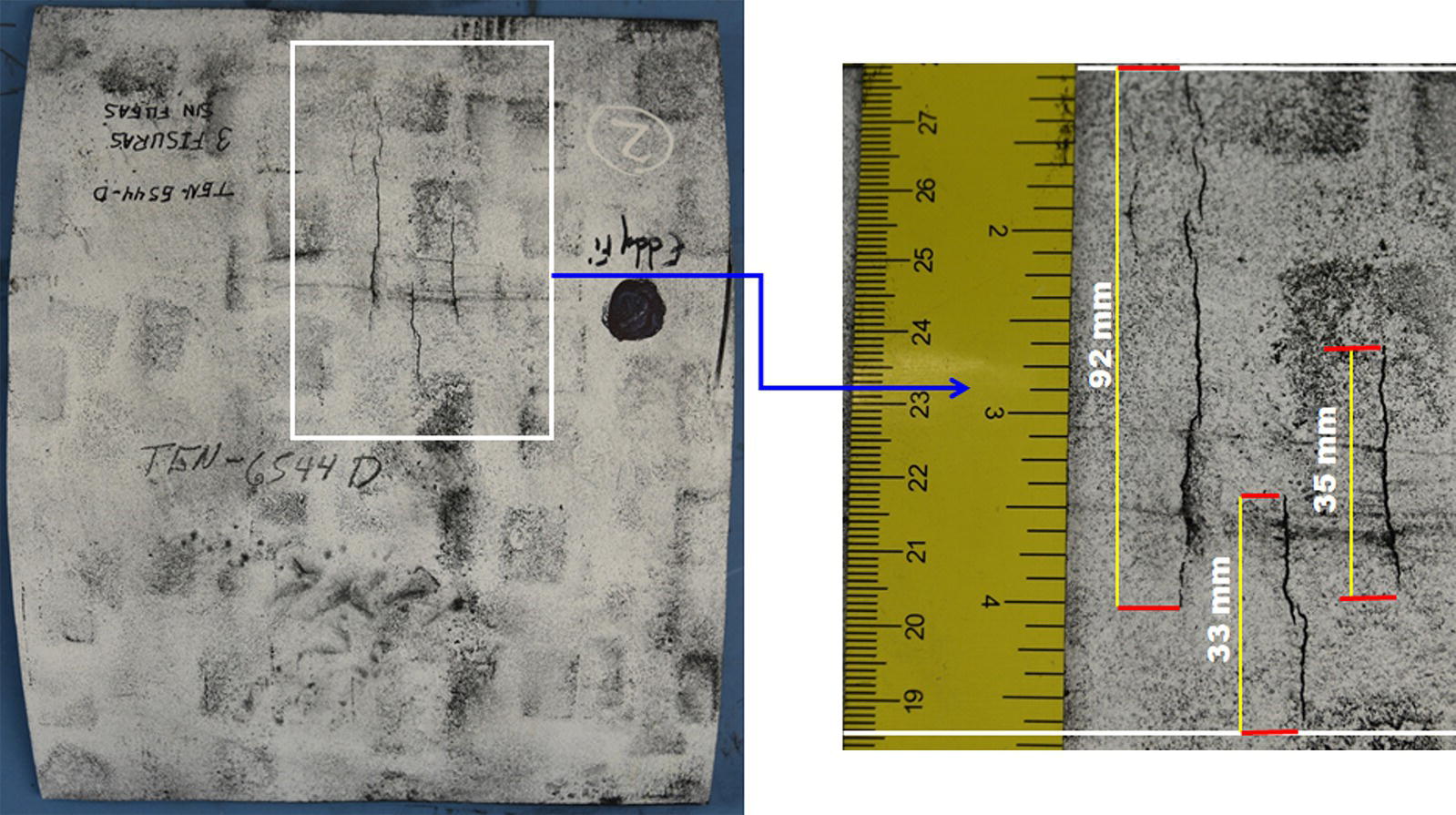 An image depicting circumferential cracks not penetrating through the wall, with a zoomed-in section highlighted. The right side includes a ruler showing measurements of 33 mm and 92 mm.