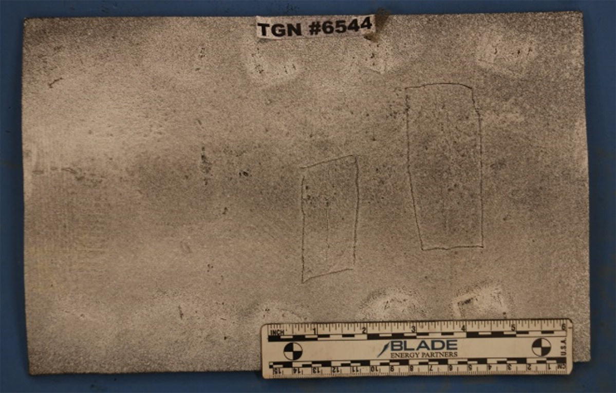 An image showing an example of circumferential cracks that do not penetrate through the wall. The top features the label TGN #6544, and a ruler at the bottom indicates measurements.