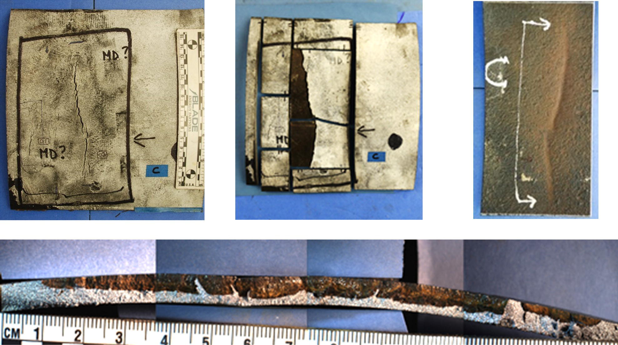 Four images displaying specimens with circumferential cracks. The bottom image includes a ruler showing measurements in centimeters.