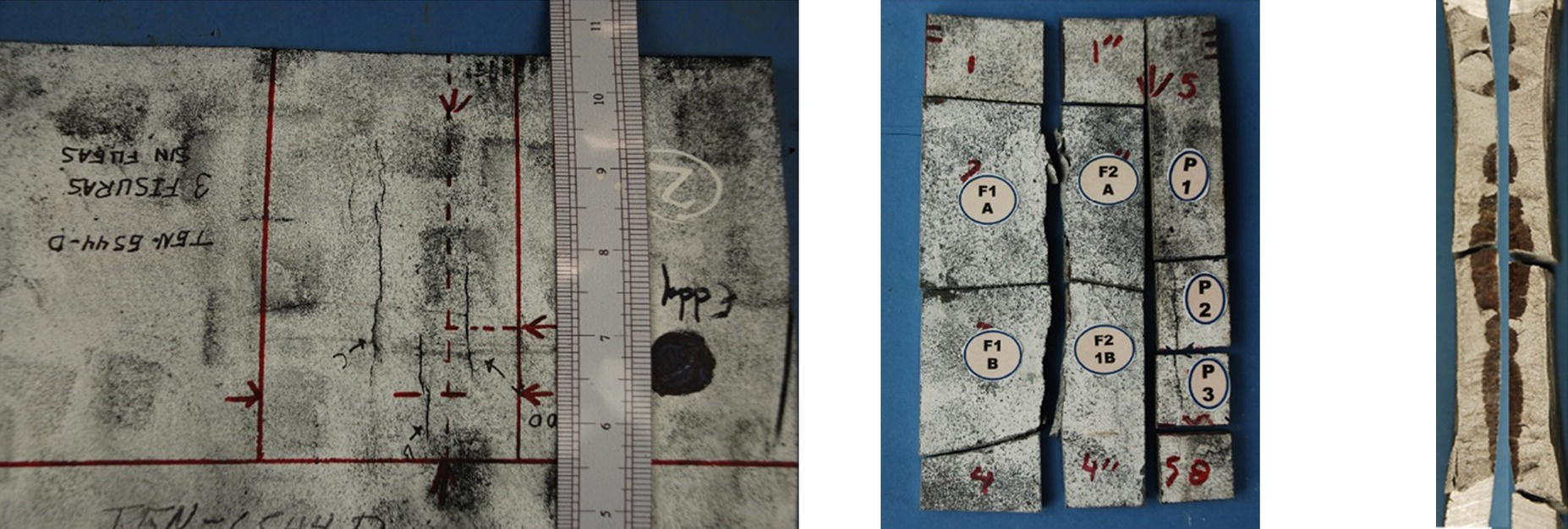 Two images showing specimens with circumferential cracks. A ruler in the left image provides a scale, while the right image features a detailed view of the cracks.
