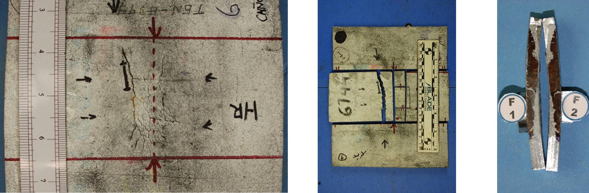 Three images displaying specimens with circumferential cracks. The left image includes a ruler for scale, while the other two show detailed views of the cracks.
