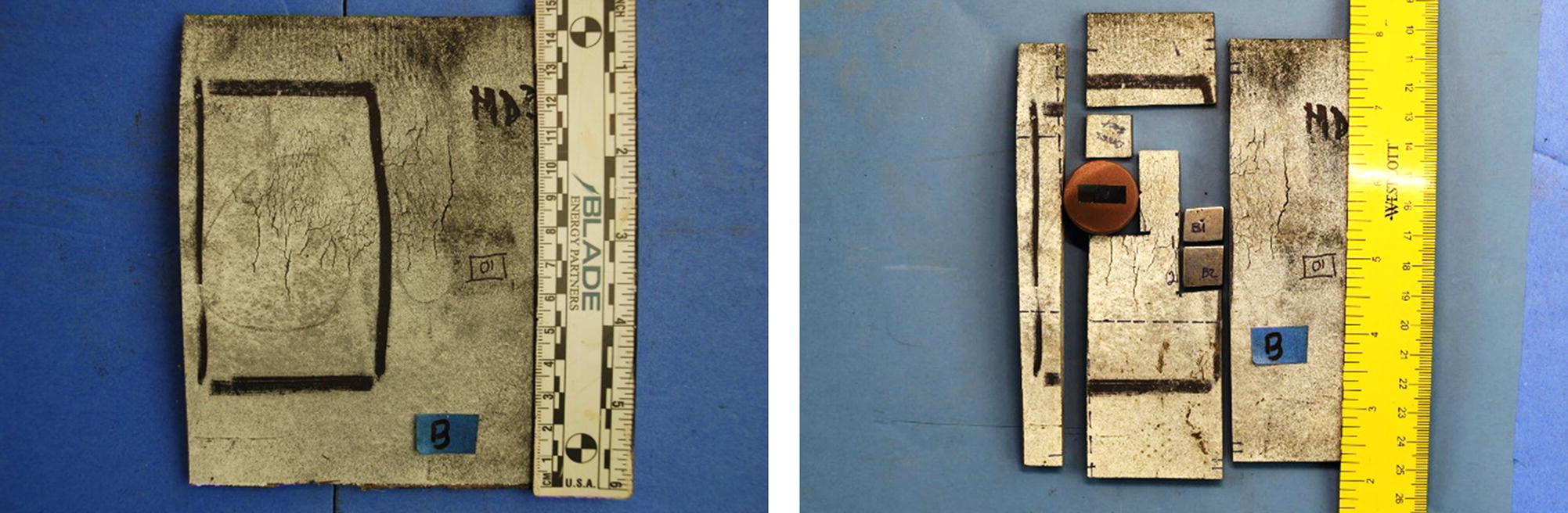 Two images of specimens displaying spiderweb cracks, each accompanied by a ruler for scale. The left image shows a larger specimen, while the right features a more compact arrangement.