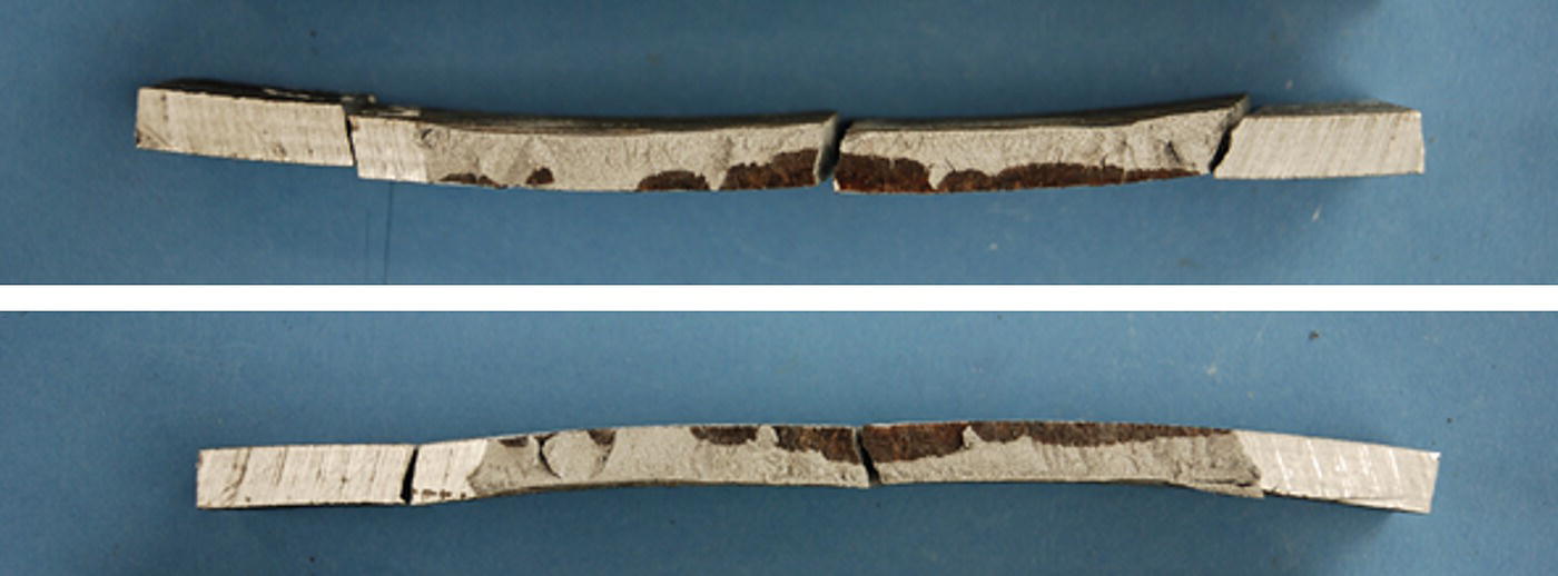 An image of two surfaces depicting a crack profile, showcasing the comparison between the two panels. The top shows a cracked surface, while the bottom displays it after modification.