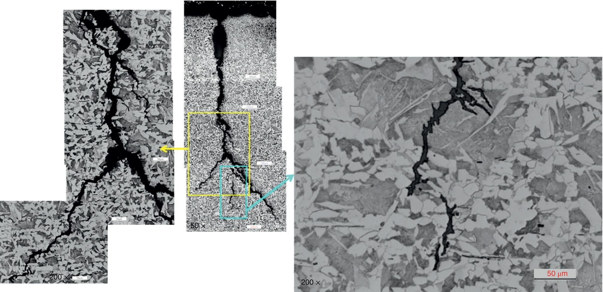 An optical micrographs showing a transversal section of a material with visible cracks. Images are labeled with magnification scales and display varying textures and structures.