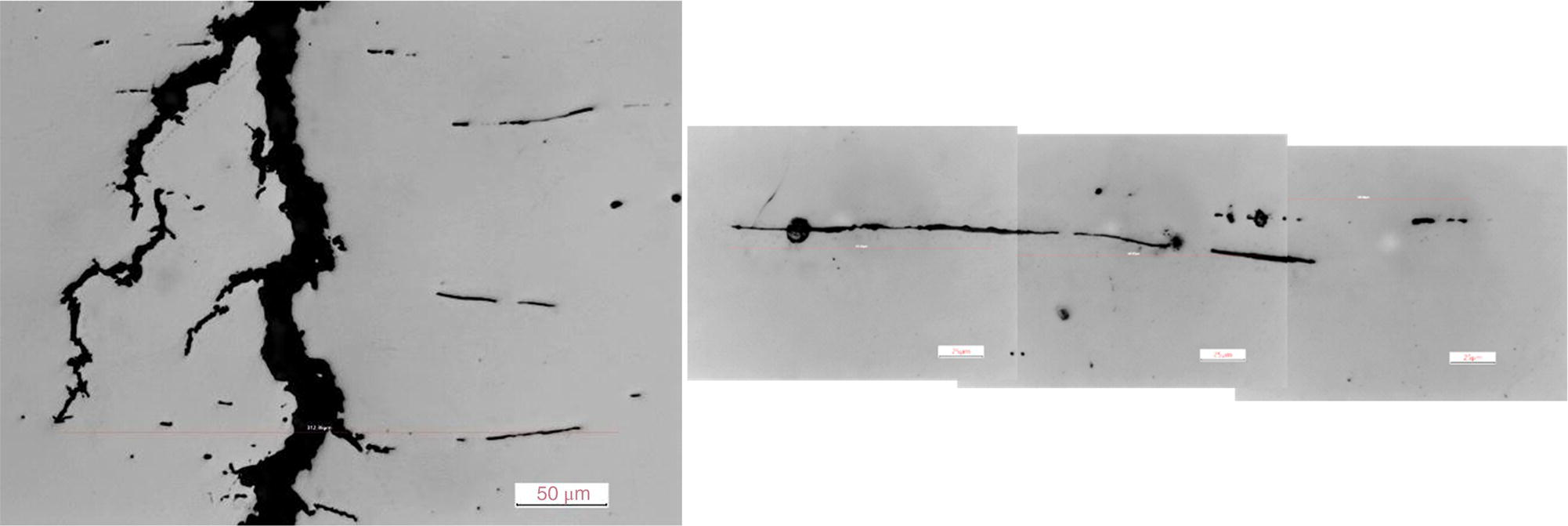 A metallographic images showing an incipient crack emerging from an inclusion in a material. The left image displays the crack, while the three images on the right illustrate its progression.