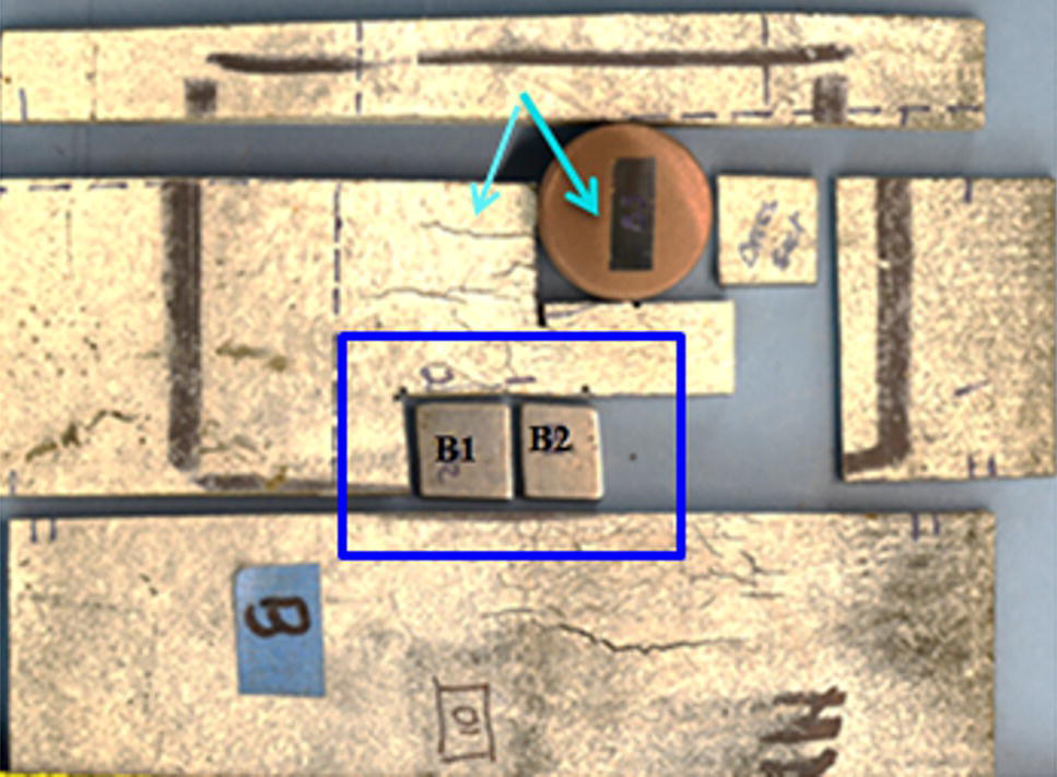 An image depicting a setup for extracting specimens to evaluate spiderweb cracks. Labels and a box highlight specific areas on the surface for examination.