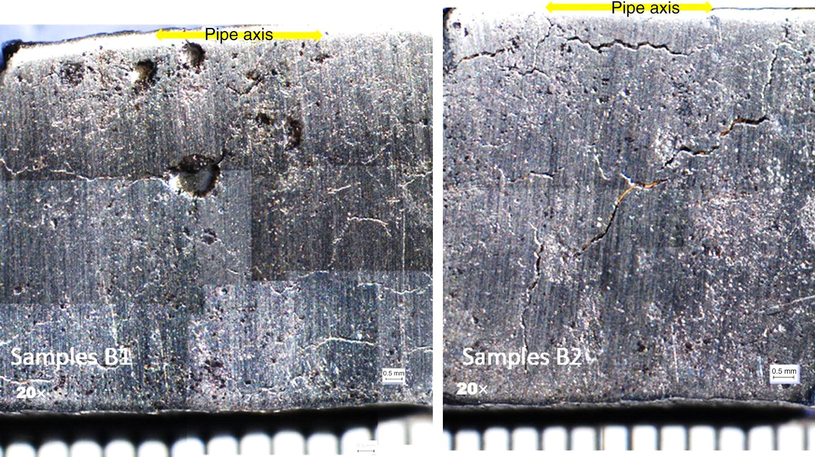 An image of two specimens, B1 and B2, showing surface features and cracks along the pipe axis. Each sample is labeled and presented at a magnification of 20x.