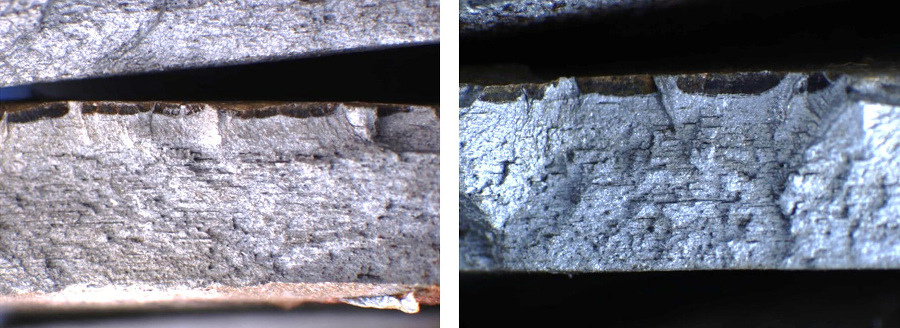A cross-sectional images of spider-web-type cracks in a material, displayed side by side. The textures and features of the cracks are clearly visible under high magnification.
